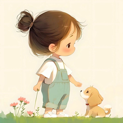 卡通系少女遛狗休闲时光图案贴画