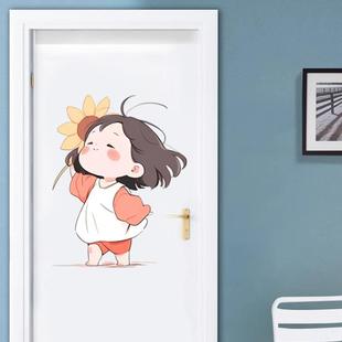 系可爱向日葵女孩贴画奶茶店出租屋宿舍床头贴入户门头防水贴P320