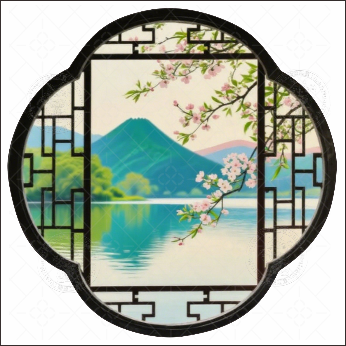 中式古典花窗山水画墙贴客厅卧室装饰贴纸古典雅致背景墙自粘贴画