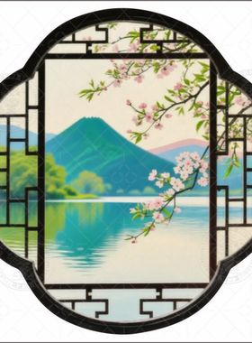 中式古典山水花窗自粘墙贴