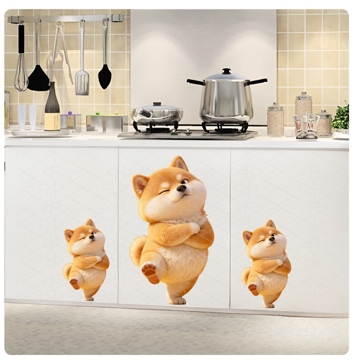 卡通可爱柴犬厨房橱柜门贴纸可爱动物装饰墙贴自粘贴画冰箱贴画