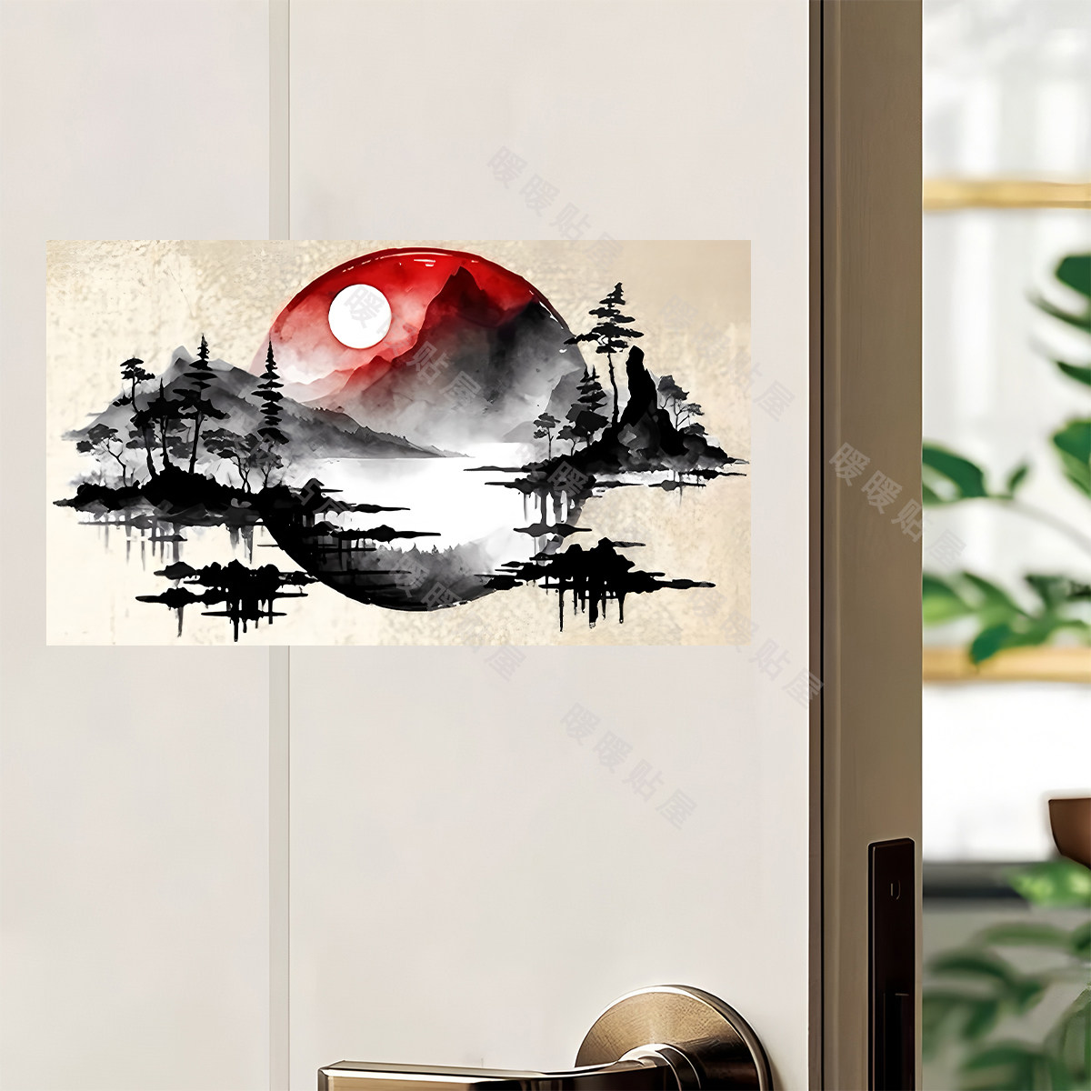 国潮古风墨山水画图案自粘贴画