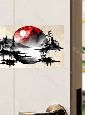 国潮古风墨山水画图案自粘贴画