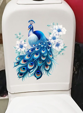 美丽的蓝孔雀个性创意浴室装饰贴画防水卫生间马桶盖贴纸自粘P172