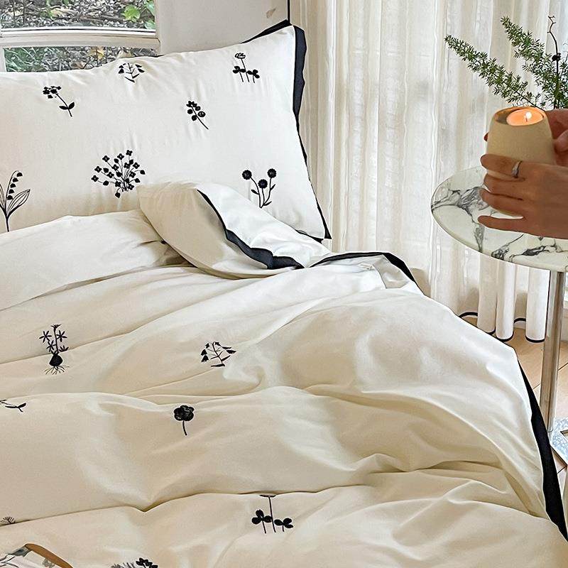 纯时尚黑田园风10S全棉磨毛四件套秋冬加厚0保暖棉被套mq床单2白.