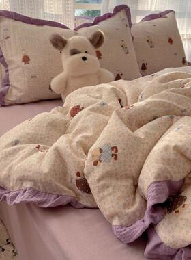 奶套油格水洗棉床品皱四件套纱花边床单被宿496051皱舍床笠三件套