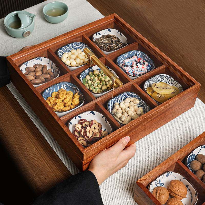 九宫格托盘带盖干果盘中式茶点盘水果坚果分格果盘围炉煮茶点心盘