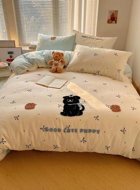 春新款水洗印花毛巾绣四件套棉软糯床单床笠卡通202518J风学床生