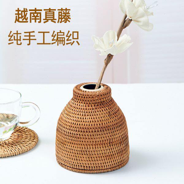 403花器越南藤编手工青瓷陶瓷花瓶禅意插花茶桌花插蓄水花盆小号