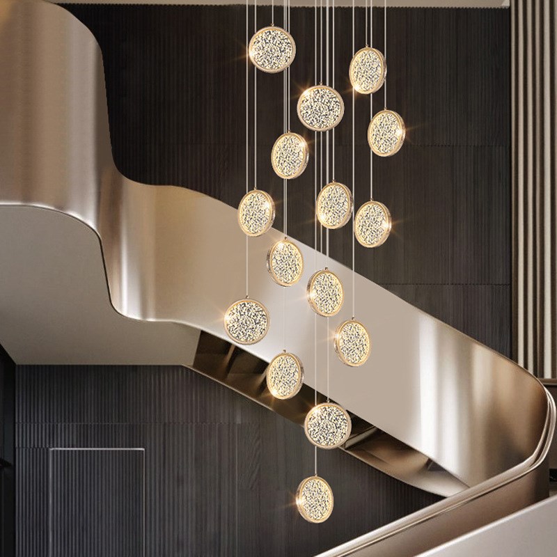 楼梯水晶吊灯长吊灯复式楼中空轻奢创意G圆饼别墅loft公寓跃层吊