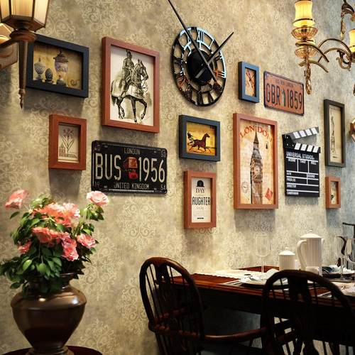 高分子_2463复古做旧照片墙工业风商用装饰画酒吧餐馆组合相框