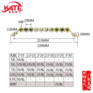 接线端子排配电箱汇流铜排KT054 总长229黄铜零地排 10孔地排3