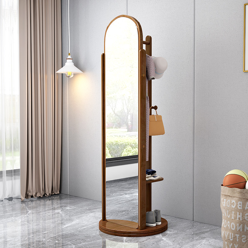 实木穿衣镜带挂衣架衣帽架一体落地镜可旋转卧室全身镜家用试衣镜
