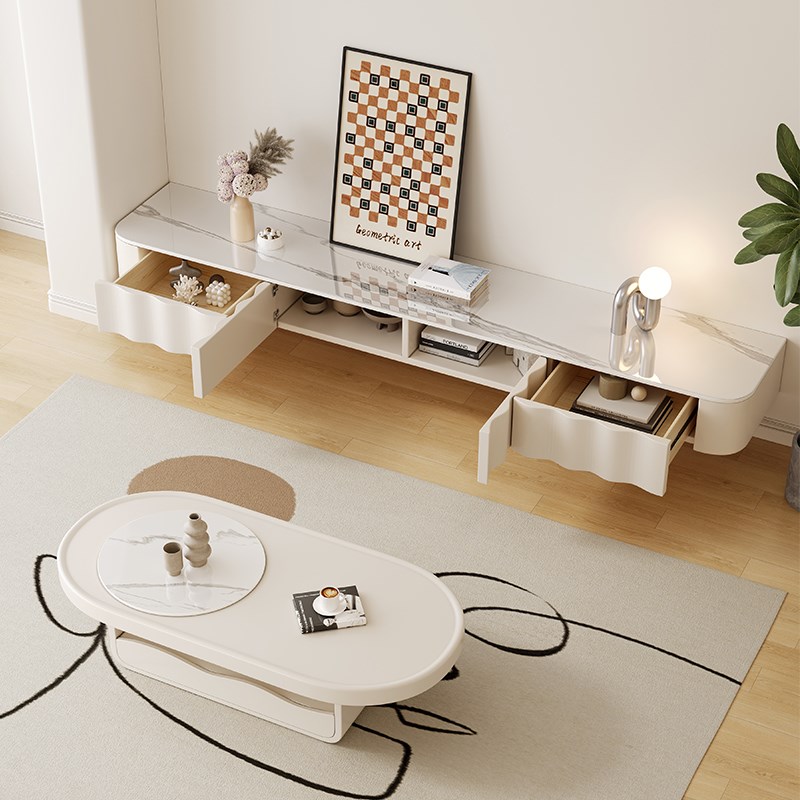 奶油风白色岩板茶几电视柜组合家用小户型客厅现代简约悬浮储物柜