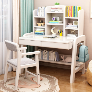 实木儿童书桌小户型家用45CM宽学生写字桌书架一体可升降学习桌子