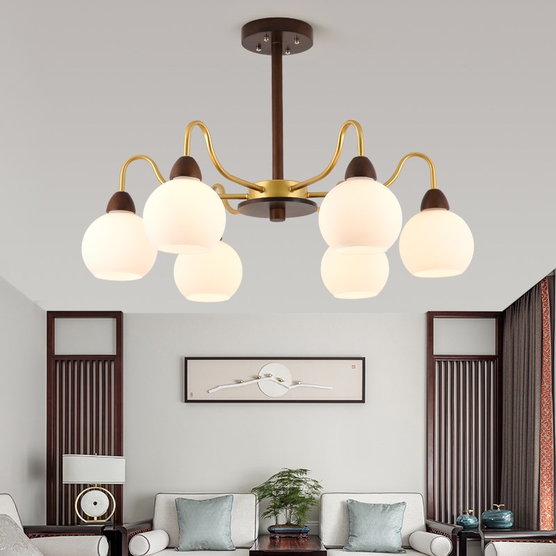 新中式客厅吊灯现代简约木纹色书房间卧室灯O三头餐厅玻璃吊顶灯