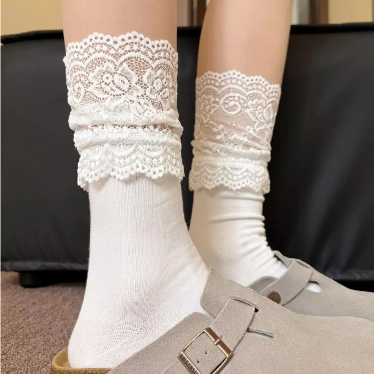【下单立减50】袜子女秋季新款拼接蕾丝袜百搭白色中筒袜甜美CG