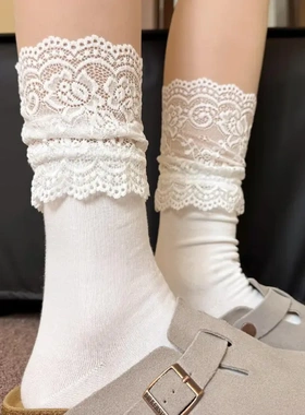 【下单立减50】袜子女秋季新款拼接蕾丝袜百搭白色中筒袜甜美CG