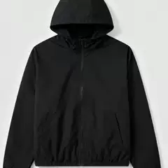 Black Fabric Hooded Zip-Up Hoodie Set with Dark Patterned Texture 11120718