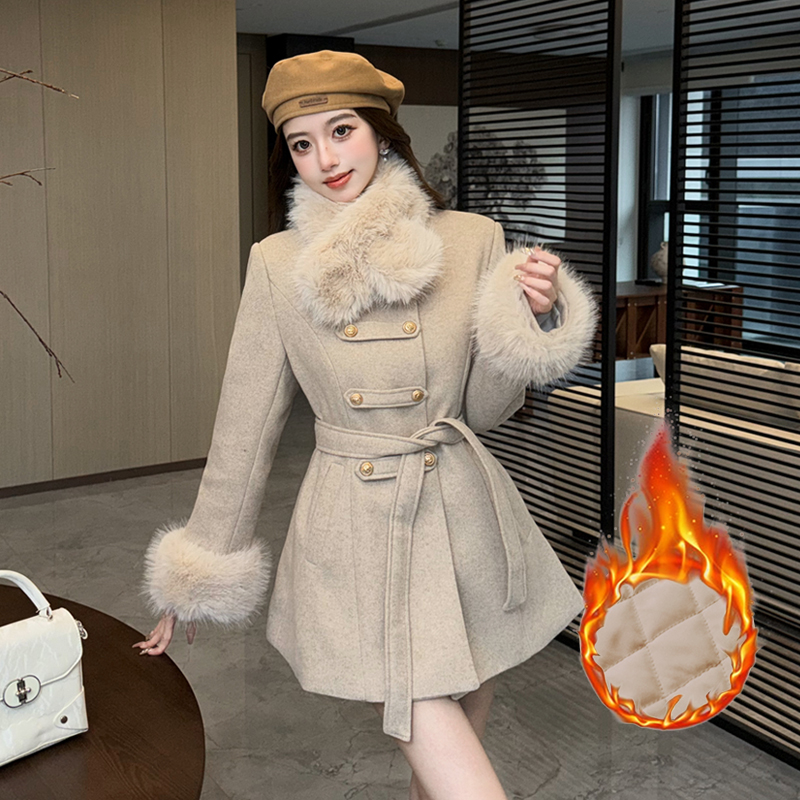 实拍法式气质小香风毛毛领纯色双排扣收腰加厚毛呢外套连衣裙