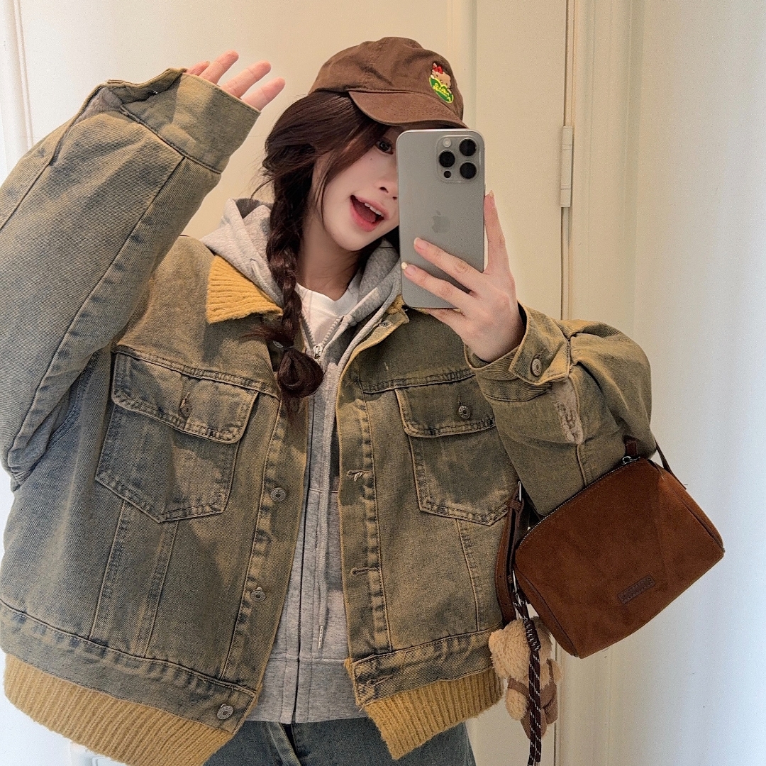 实拍 美式复古慵懒风撞色翻领牛仔外套加绒新款小众休闲风外套