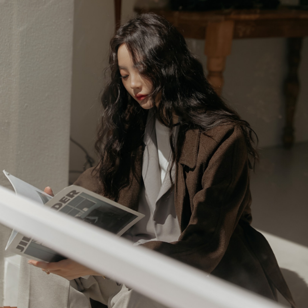 韩版宽松系带慵懒风中长款毛呢外套