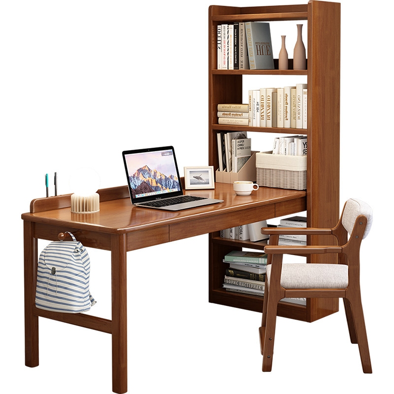 实木转角书桌书架一体拐角电脑桌书房办公桌家用卧室学生书桌子