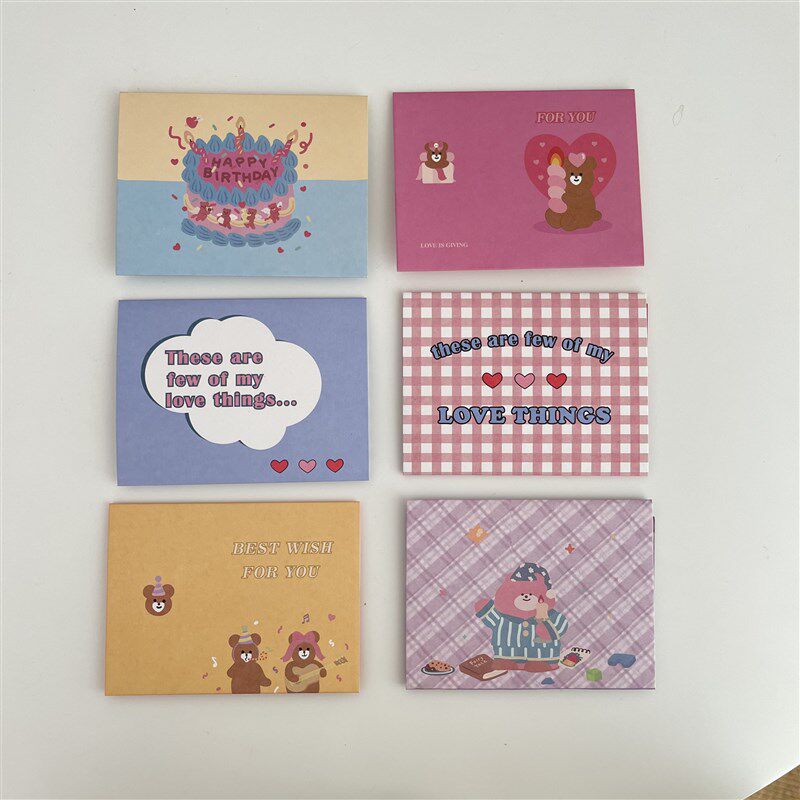 一套6张~ ins可爱卡通小熊迷你折叠贺卡 创意生日祝福节日小卡片