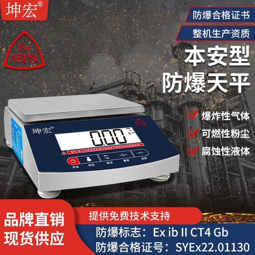 原装坤宏KHW-EX不锈钢本安型防爆电子天平300g-6000g 0.01g配电池