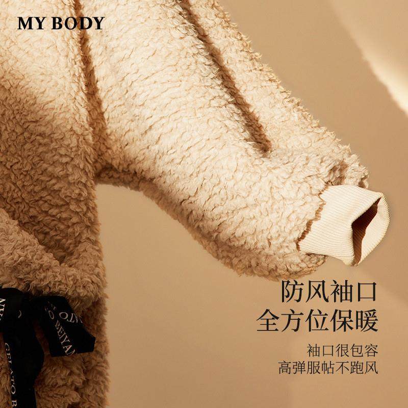 MYBODY商场同款珊瑚绒睡袍女款冬季加绒加厚连帽可外穿睡衣家居服