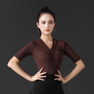 拉丁舞上衣女新款高端中长袖罗纹棉摩登舞交谊练功表演跳舞蹈服装
