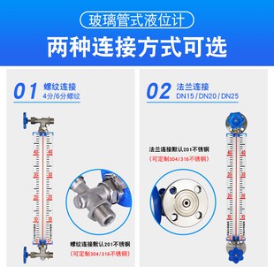 玻璃管液位计消防水池水箱水位计锅炉不锈钢刻度尺4分/6分法兰型