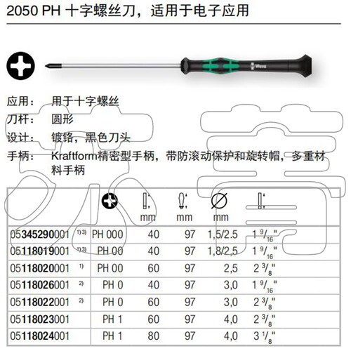 德国Wera维拉 PH000PH00PH0PH1精密十字螺丝刀手机笔记本2050系列