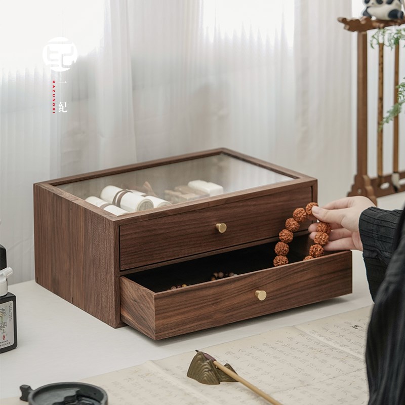 黑胡桃木饰品展示摆台实木抽屉式台面收纳盒O玻璃防尘桌上柜置物