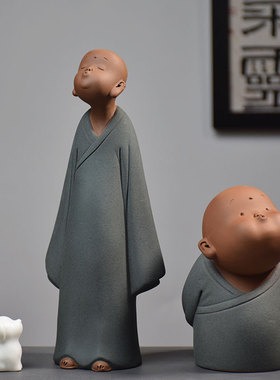 创意禅意紫砂陶瓷家居装饰品可爱小和H尚沙弥茶宠摆设书架丑萌摆