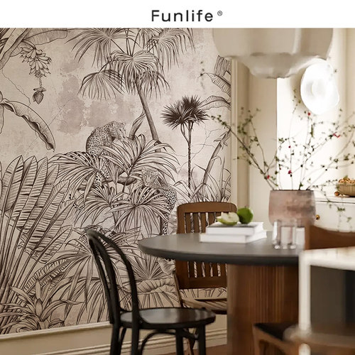 《丛林之舞》法式复古自粘t屏风贴纸丛林豹子翻新贴餐厅背景墙装