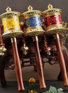 藏式家用手持f手动转轮浮雕镶嵌宝石迷你合金六字手摇转桶工艺摆