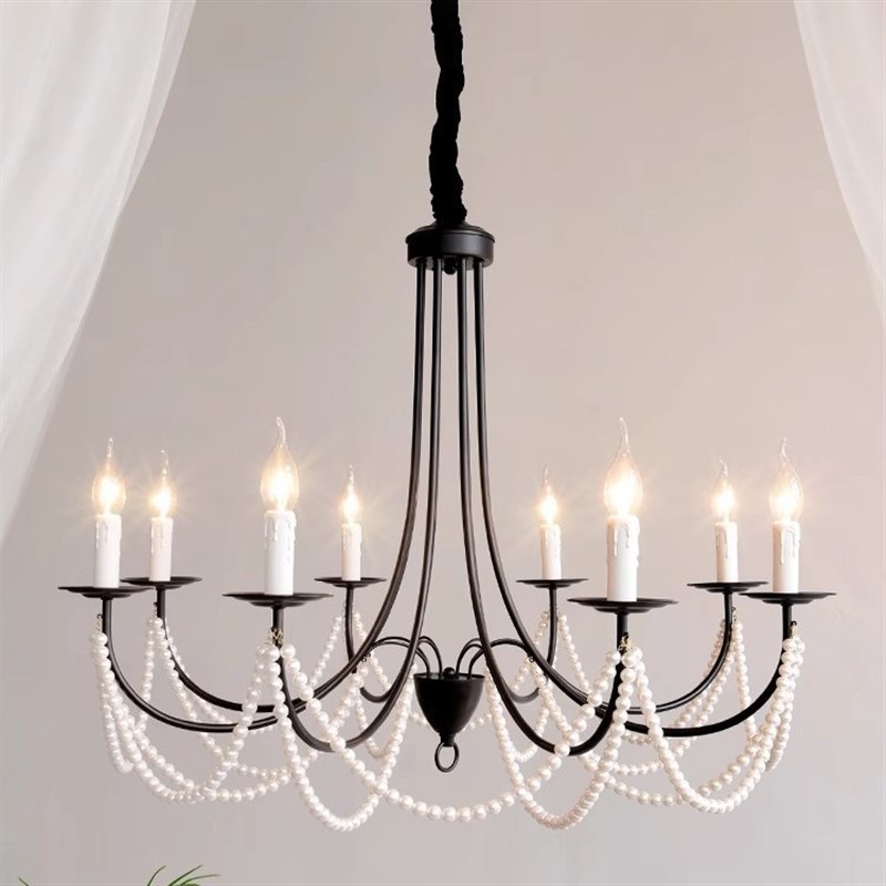 法式水晶吊灯复古蜡烛高级感黑色奶油风客厅O珍珠主卧室衣帽间餐