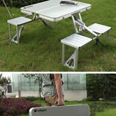休闲桌子 加厚铝合金展销桌 户外铝合金桌椅 连体折叠桌椅带4个凳