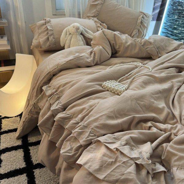 双人床上用品级感灰荷叶花边款被套四件套宿舍水洗棉床床笠,户外/登山/野营/旅行用品,一次性床单被套,淘宝优惠券,粉丝福利购,淘宝优惠卷