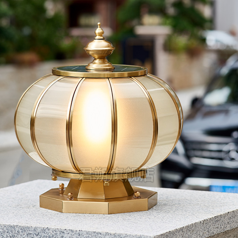 全铜太阳能柱头灯别墅门柱圆形围墙F灯花园防水庭院灯大门口柱子