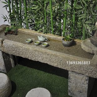 超值老物件青石板可流水石头茶台长方磨盘石墩茶楼别墅装饰品摆件
