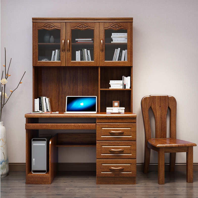 胡桃木实木书桌书柜书架一体家用儿童电脑桌写字桌书房家具组合