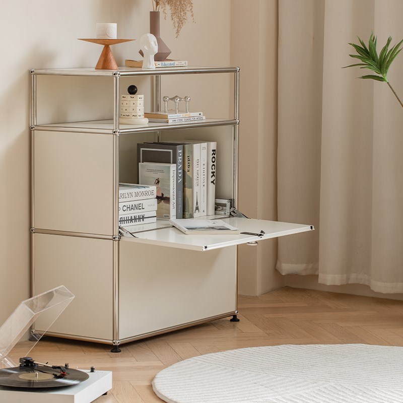 北欧模块组合中古轻奢双层斗柜白色卧室储物ins不锈钢边柜收纳柜