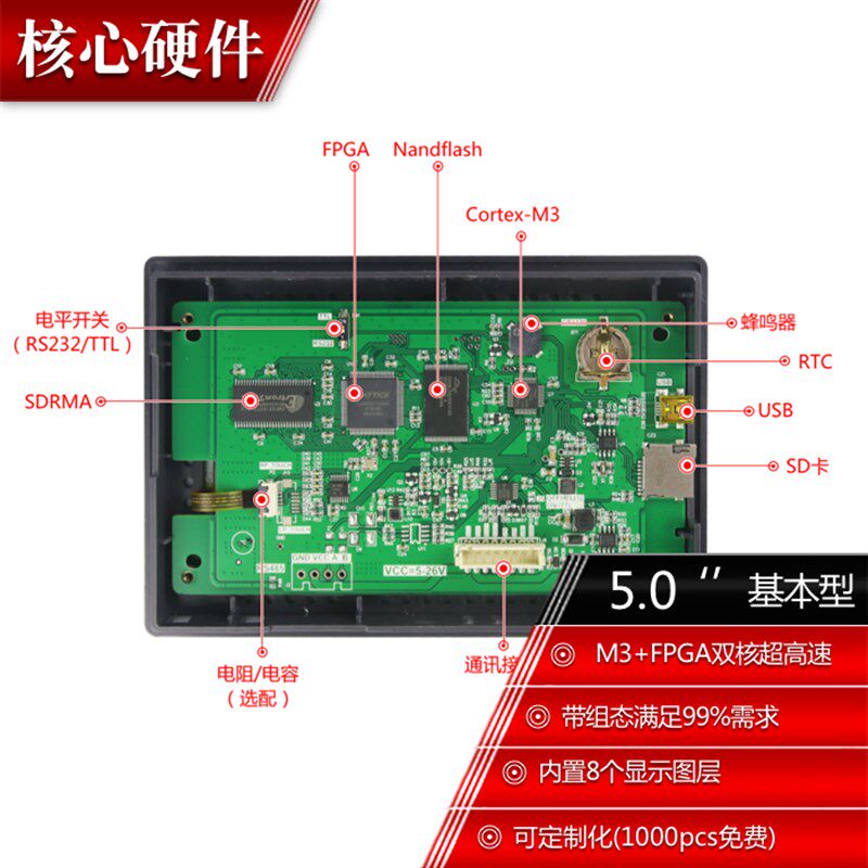 5寸串口屏 RS232 电阻/电容 800*480 带组态/USB/SD/RTC