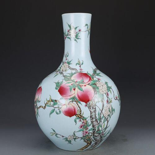花瓶清雍正瓷器粉彩九桃天球瓶仿古瓷器古董古玩老货收藏陶瓷花瓶