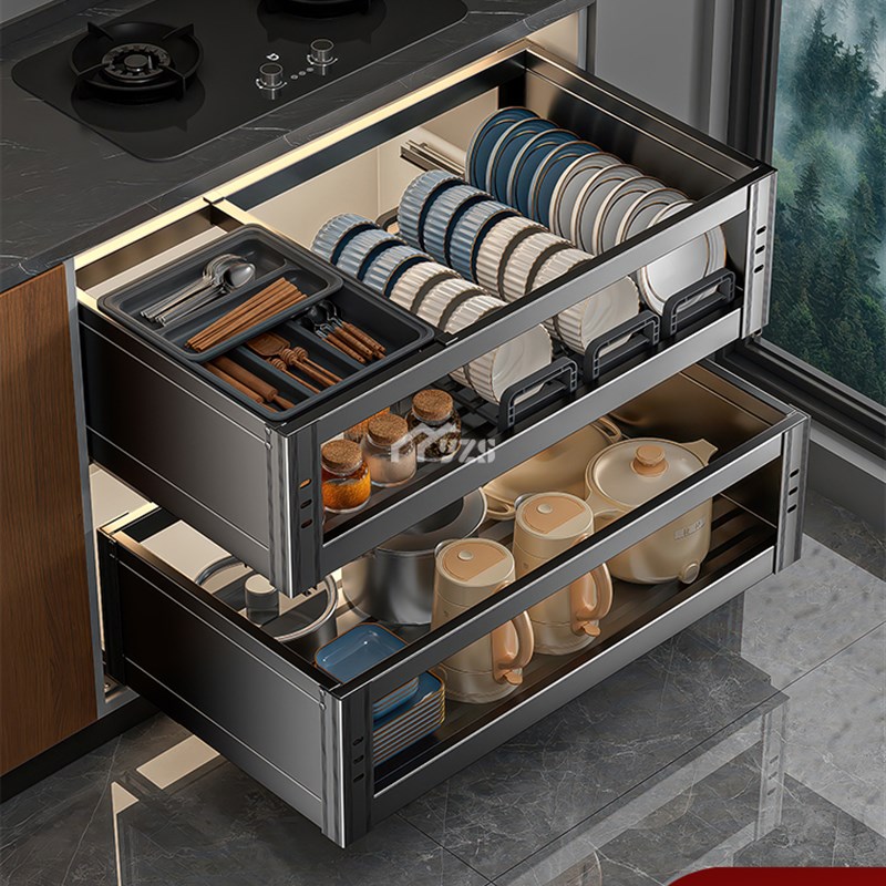 拉篮厨房橱柜加i厚不锈钢双层抽屉式碗架碗碟收纳篮碗柜厨柜碗篮