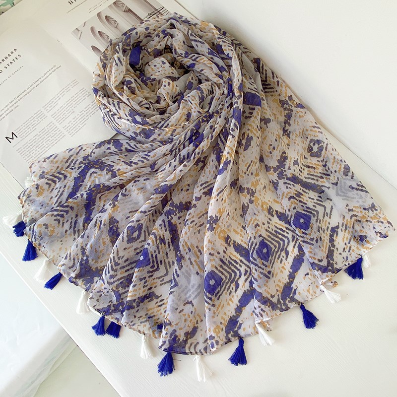 小清新素色巴厘纱棉麻手感围巾女创意紫色手绘印V花流苏纱巾披肩