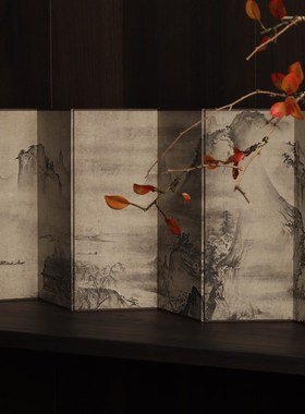 日式美学四季山水图双面桌面小屏G风茶桌屏风茶室背景摆件