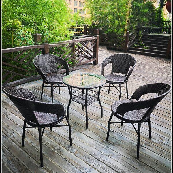 阳台小茶几简约现代喝茶桌椅组合藤编织户外圆形休闲钢化玻璃圆桌